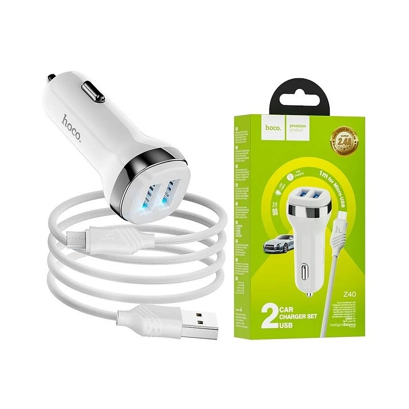 CARICABATTERIE DA AUTO 2X USB + CAVO MICRO USB RICARICA VELOCE BIANCO Z40