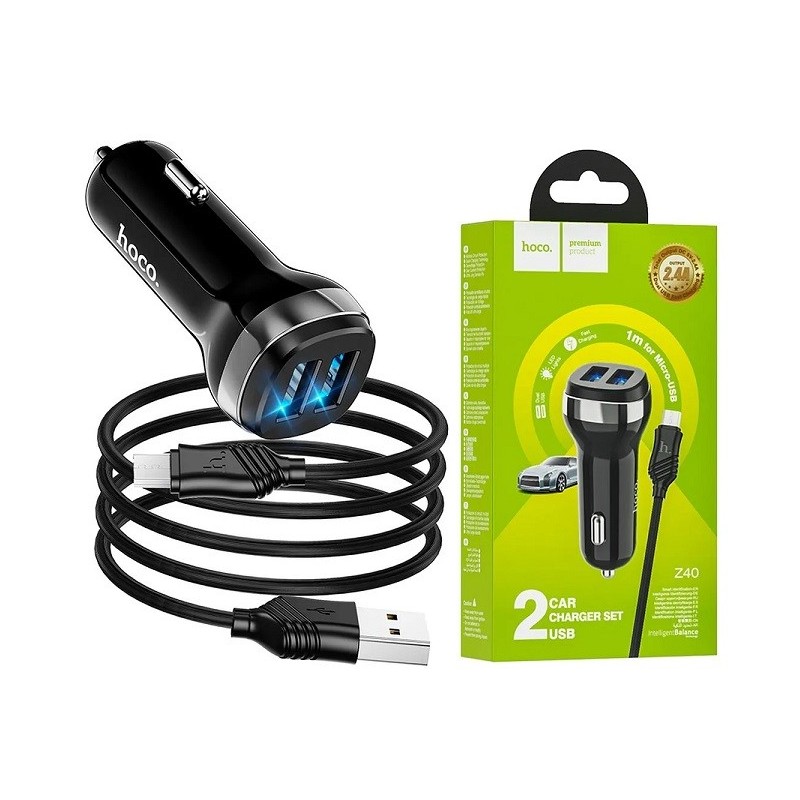 CARICABATTERIE DA AUTO 2X USB + CAVO MICRO USB RICARICA VELOCE NERO Z40