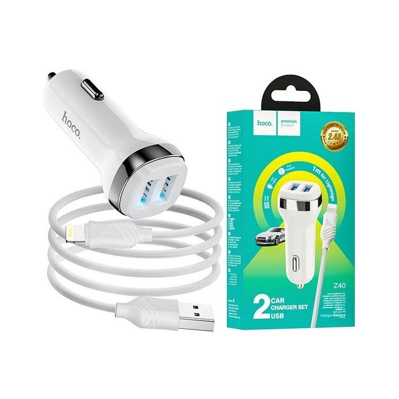 CARICABATTERIE DA AUTO 2X USB + CAVO LIGHTNING RICARICA VELOCE BIANCO Z40