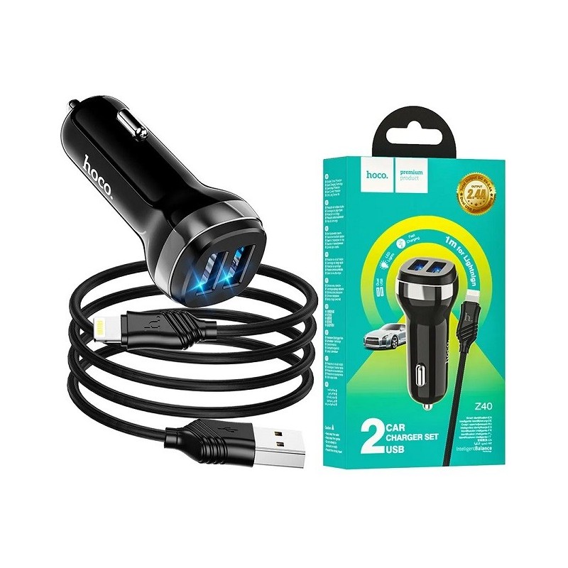 CARICABATTERIE DA AUTO 2X USB + CAVO LIGHTNING RICARICA VELOCE NERO Z40