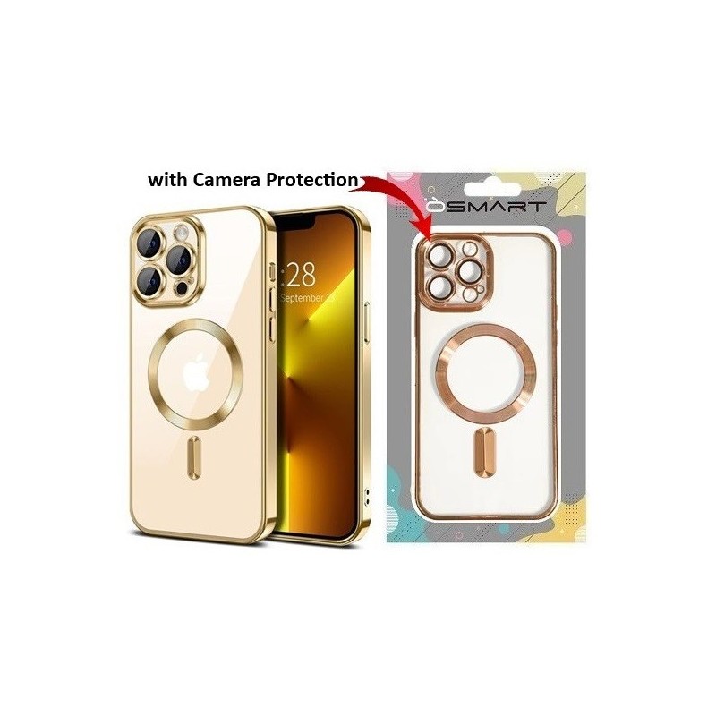 COVER PROTEZIONE APPLE IPHONE 14 - MAGSAFE TPU TRASPARENTE/GOLD (CON PROTEZIONE FOTOCAMERA)