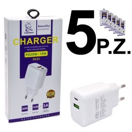 5X CARICABATTERIE USB + TYPE-C FAST CHARGER 3A 20W BIANCO VDENMENV DC23