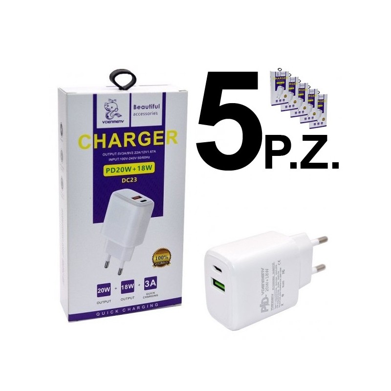 5X CARICABATTERIE USB + TYPE-C FAST CHARGER 3A 20W BIANCO VDENMENV DC23