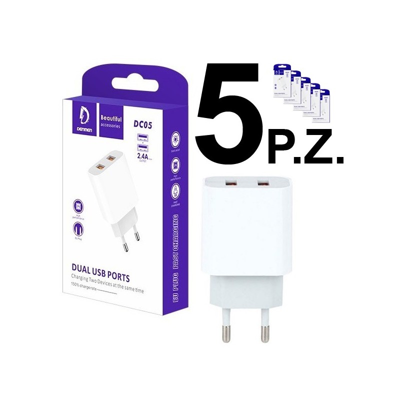 5X CARICABATTERIE USB (2 PORTE) FAST CHARGER 2.4A 12W BIANCO VDENMENV DC05