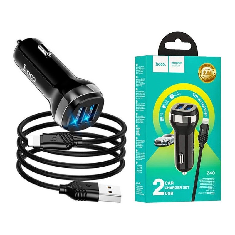 CARICABATTERIE DA AUTO 2X USB + CAVO LIGHTNING RICARICA VELOCE NERO Z40